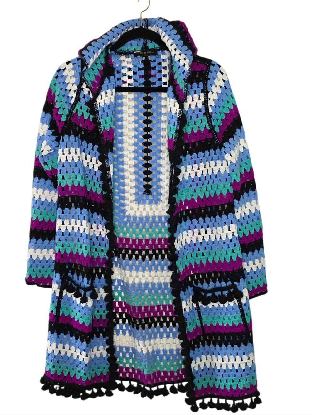 Free the Roses Crochet Hooded Cardigan Open Front Pom-pom Trim Pockets Spring - Picture 3 of 14